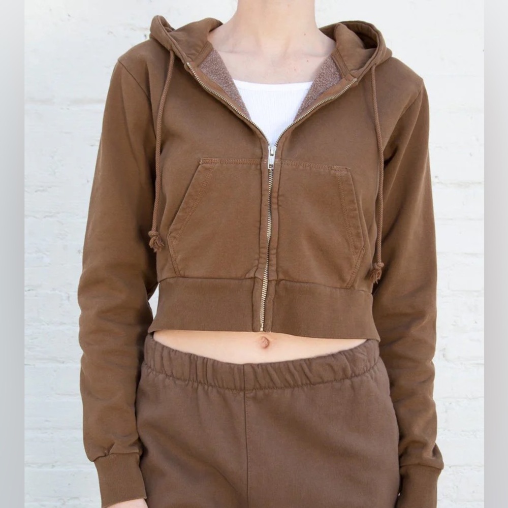 Brandy Melville crystal cropped zip up hoodie in brown
